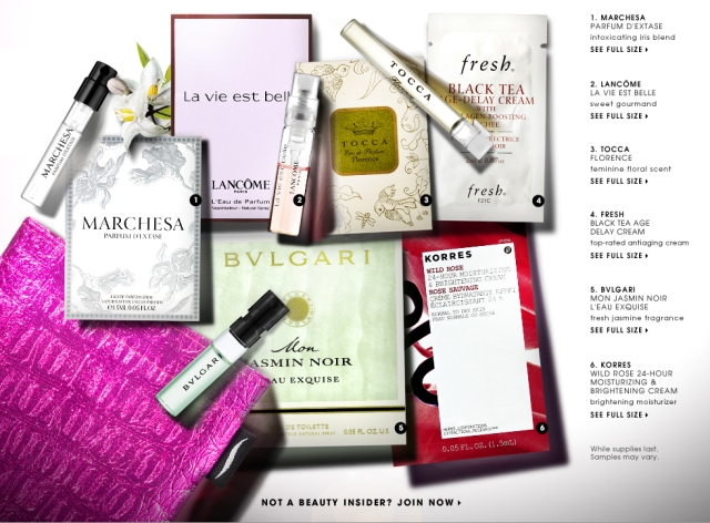 Sephora Beauty Insiders: Get 6 Free Samples in a Pink Pouch with any $25 Fragrance Purchase